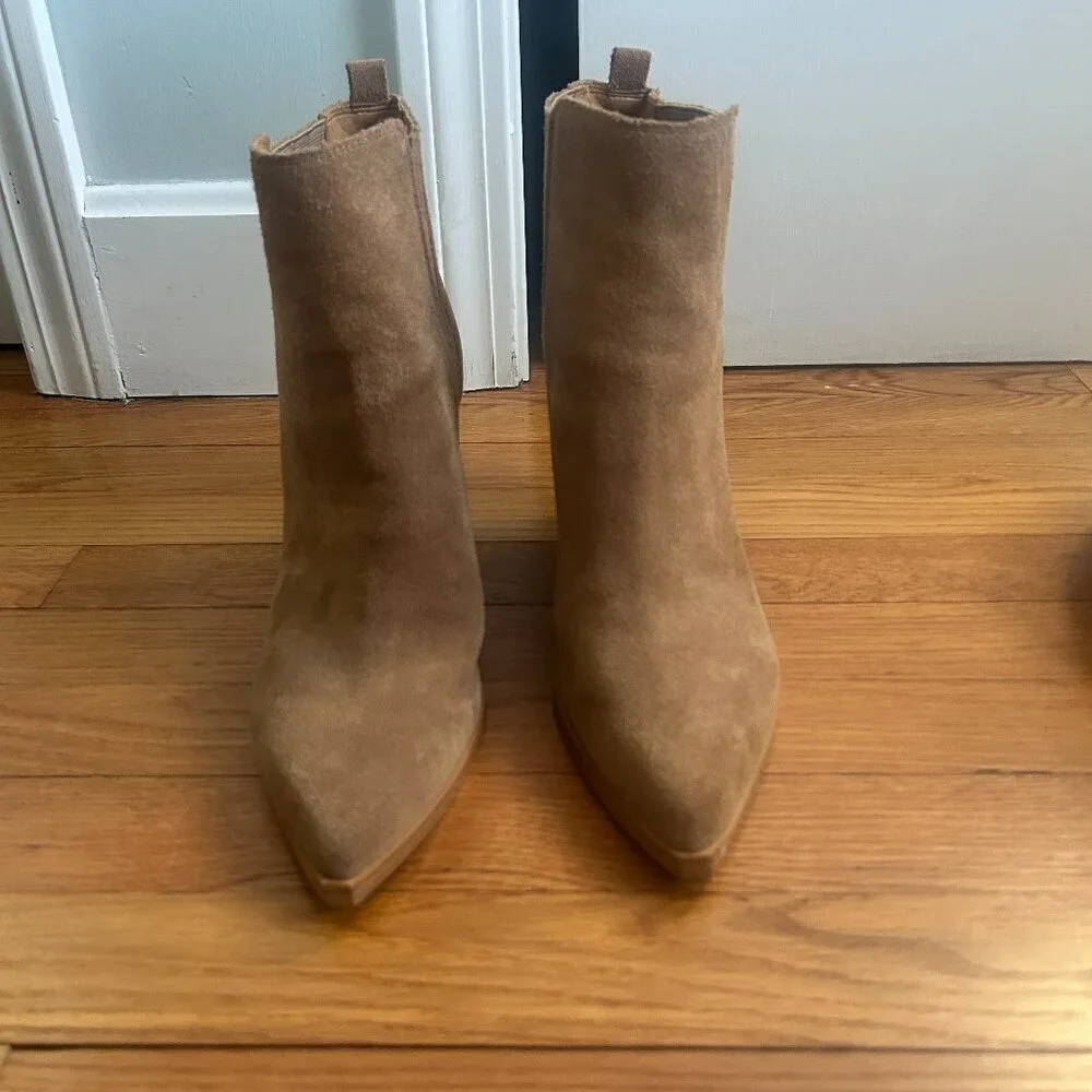 Marc Fisher Suede Pointed-Toe Block Heel Booties – Tan – Size 11